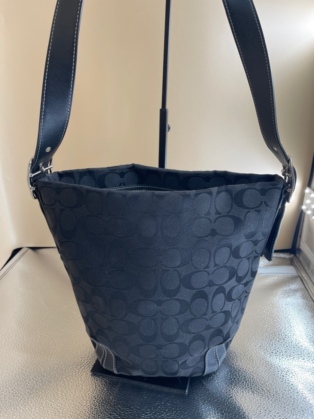 Coach Canvas and Leather Mid 2000s Black Signature Jacquard Bucket Bag E25-6076